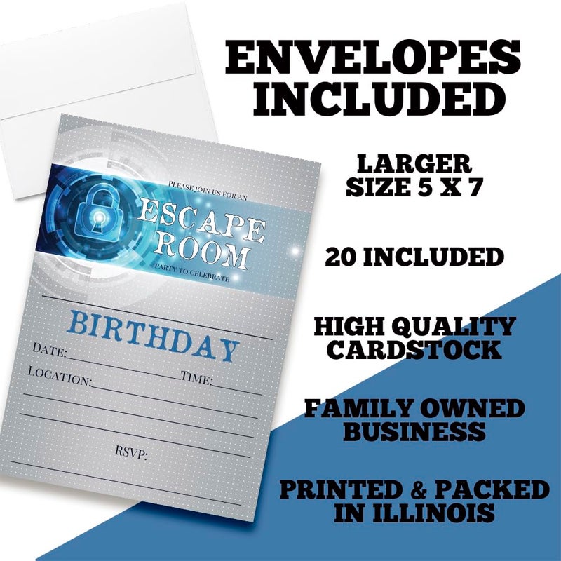Amanda Creation Escape Room Themed Birthday Party Invitations, 20 5x7 Fill In Cards with Twenty White Envelopes by AmandaCreation - Image 2